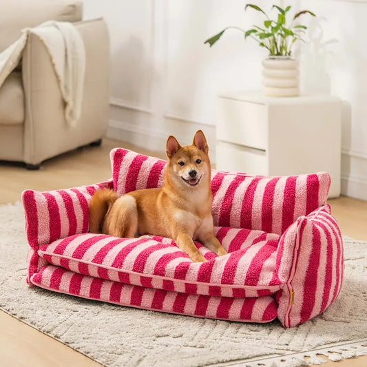 FUNNYFUZZY Trendy Striped Faux Lambswool Double Layer Dog & Cat Sofa Bed