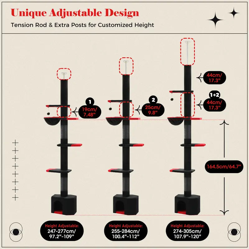 PAWZ Road Cactus/Gothic Cat Tree Floor to Ceiling Cat Tower with Adjustable Height(95-108 Inches), 5 Tiers Cat Climbing Activity Center with Cozy Hammock, Platforms and Dangling Balls for Indoor Cats