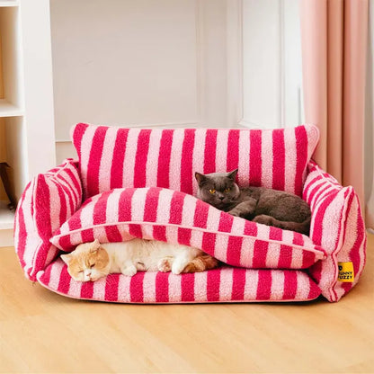 FUNNYFUZZY Trendy Striped Faux Lambswool Double Layer Dog & Cat Sofa Bed