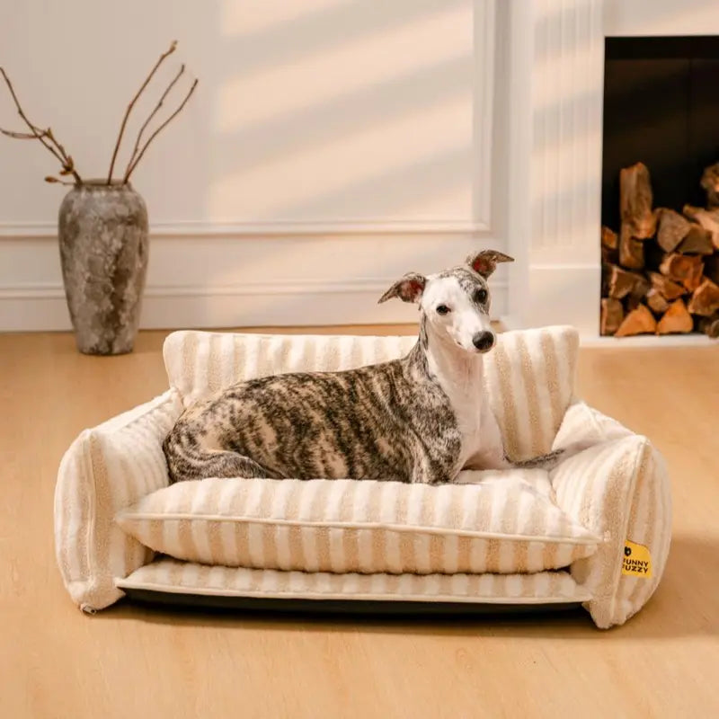 FUNNYFUZZY Trendy Striped Faux Lambswool Double Layer Dog & Cat Sofa Bed